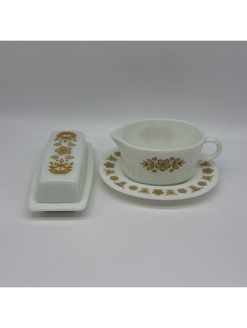 Pyrex & Corelle Butterfly Gold Set Butter Dish Gravy Boat & Underplate Vintage